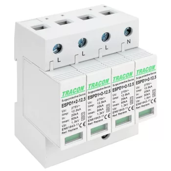   TRACON ESPD1+2-12.5-4P - T1+T2 AC típusú túlfeszültséglevezető, cserélhető betéttel Uc:275V; Iimp:12,5kA; In:20kA; Imax:50kA; Up:1,3kV; 4P