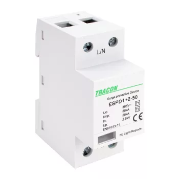   TRACON ESPD1+2-50-1P - T1+T2 AC típusú túlfeszültséglevezető, egybeépített Uc:385V; Iimp:50kA; In:50kA; Imax:160kA; Up:2,5kV; 1P