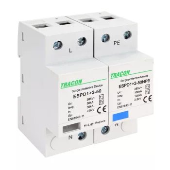   TRACON ESPD1+2-50-1+1P - T1+T2 AC típusú túlfeszültséglevezető, egybeépített Uc:385V; Iimp:50/100kA; In:50/100kA; Up:2,5kV; 1+1P