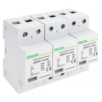   TRACON ESPD1+2-50-3P - T1+T2 AC típusú túlfeszültséglevezető, egybeépített Uc:385V; Iimp:50kA; In:50kA; Imax:160kA; Up:2,5kV; 3P