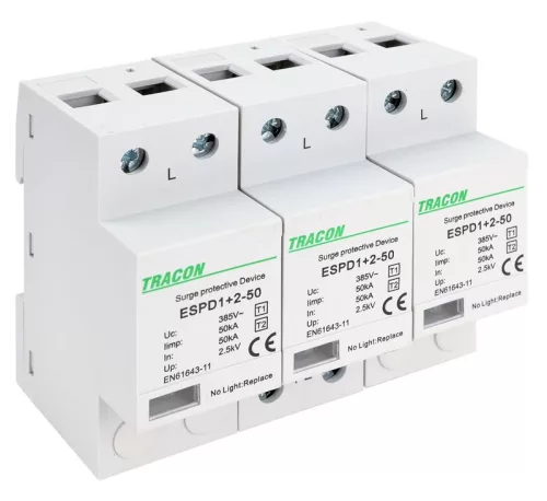 TRACON ESPD1+2-50-3P - T1+T2 AC típusú túlfeszültséglevezető, egybeépített Uc:385V; Iimp:50kA; In:50kA; Imax:160kA; Up:2,5kV; 3P