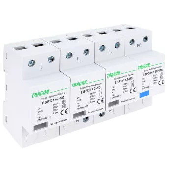   TRACON ESPD1+2-50-3+1P - T1+T2 AC típusú túlfeszültséglevezető, egybeépített Uc:385V; Iimp:50/100kA; In:50/100kA; Up:2,5kV; 3+1P