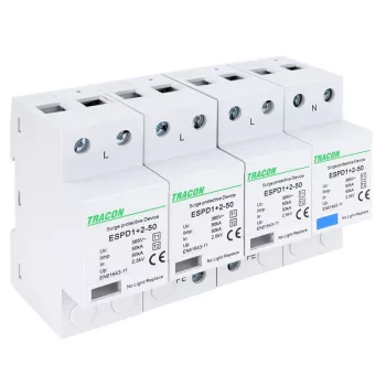   TRACON ESPD1+2-50-4P - T1+T2 AC típusú túlfeszültséglevezető, egybeépített Uc:385V; Iimp:50kA; In:50kA; Imax:160kA; Up:2,5kV; 4P