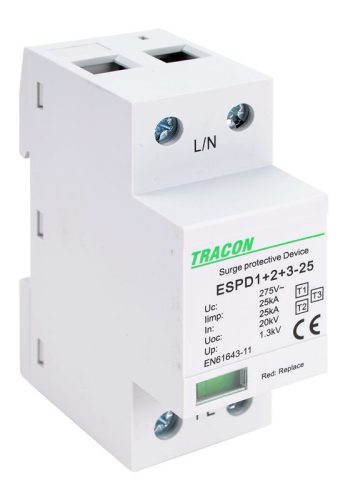 TRACON ESPD1+2+3-25-1P - T1+T2+T3 AC típusú túlfeszültség levezető, egybeépített Uc:275V; Iimp:25kA; In:25kA; Uoc:20kV; Up:1,3kV; 1P
