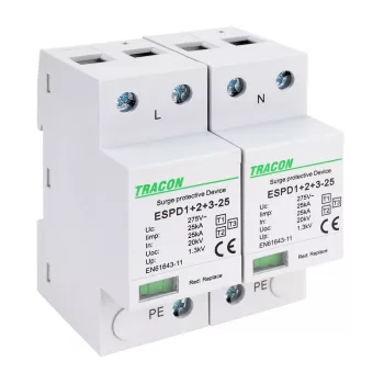   TRACON ESPD1+2+3-25-2P - T1+T2+T3 AC típusú túlfeszültség levezető, egybeépített Uc:275V; Iimp:25kA; In:25kA; Uoc:20kV; Up:1,3kV; 2P