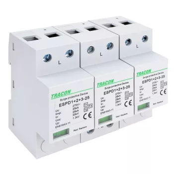   TRACON ESPD1+2+3-25-3P - T1+T2+T3 AC típusú túlfeszültség levezető, egybeépített Uc:275V; Iimp:25kA; In:25kA; Uoc:20kV; Up:1,3kV; 3P