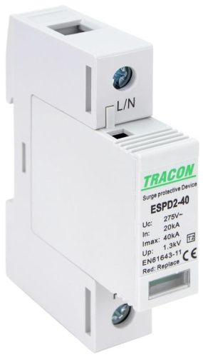 TRACON ESPD2-40-1P - T2 AC típusú túlfeszültség levezető, cserélhető betéttel Uc:275V; In:20kA; Imax:40kA; Up:1,3kV; 1P
