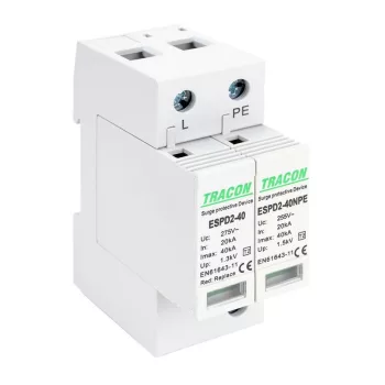   TRACON ESPD2-40-1+1P - T2 AC típusú túlfeszültség levezető, cserélhető betéttel Uc:275/255V; In:20kA; Imax:40kA; Up:1,3/1,5kV; 1+1P
