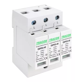   TRACON ESPD2-40-3P - T2 AC típusú túlfeszültség levezető, cserélhető betéttel Uc:275V; In:20kA; Imax:40kA; Up:1,3kV; 3P