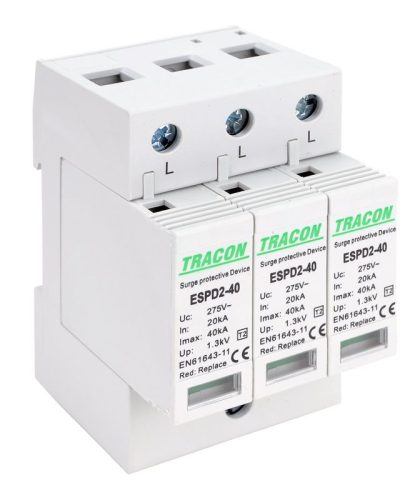 TRACON ESPD2-40-3P - T2 AC típusú túlfeszültség levezető, cserélhető betéttel Uc:275V; In:20kA; Imax:40kA; Up:1,3kV; 3P