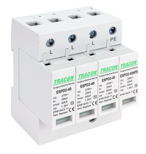 TRACON ESPD2-40-3+1P - T2 AC típusú túlfeszültség levezető, cserélhető betéttel Uc:275/255V; In:20kA; Imax:40kA; Up:1,3/1,5kV; 3+1P
