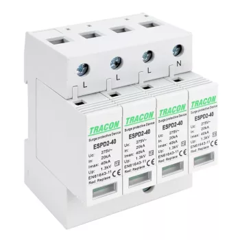   TRACON ESPD2-40-4P - T2 AC típusú túlfeszültség levezető, cserélhető betéttel Uc:275V; In:20kA; Imax:40kA; Up:1,3kV; 4P