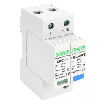   TRACON ESPD2-70-1+1P - T2 AC típusú túlfeszültség levezető, cserélhető betéttel Uc:275/255V; In:40kA; Imax:70kA; Up:1,7/1,5kV; 1+1P