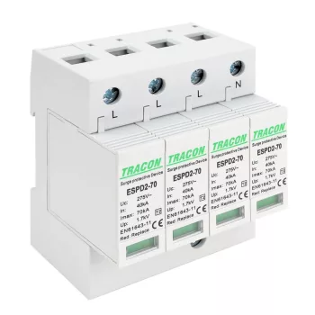   TRACON ESPD2-70-4P - T2 AC típusú túlfeszültség levezető, cserélhető betéttel Uc:275V; In:40kA; Imax:70kA; Up:1,7kV; 4P