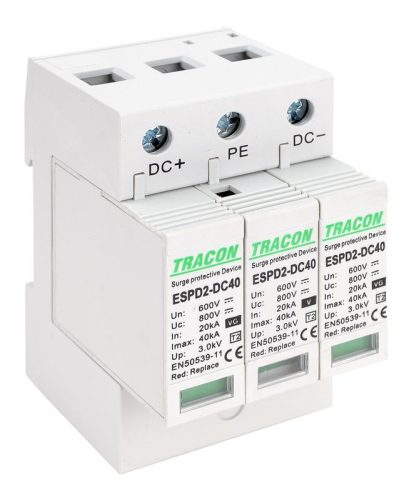 TRACON ESPD2-DC40-600 - T2 DC típusú túlfeszültség levezető, cserélhető betéttel Ucpv: 800V; In:20kA; Imax:40kA; Up:2,6kV