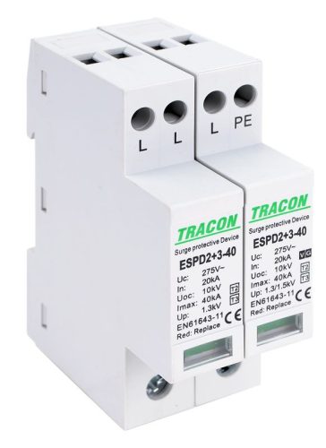 TRACON ESPD2+3-40-3+1P - T2+T3 AC típusú túlfeszültséglevezető, egybeépített Uc:275V; In:20kA; Imax40kA; Uoc:10kV; Up:1,3/1,5kV; 3+1P