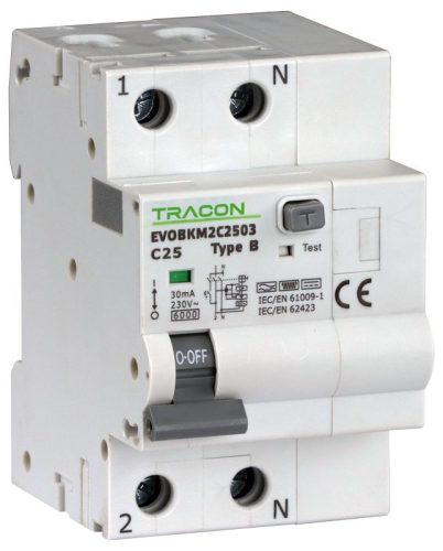 TRACON EVOBKM2C2003 - Kombinált védőkapcsoló, 2P, 3modul, C karakterisztika C20A, 30 mA, 6kA, C
