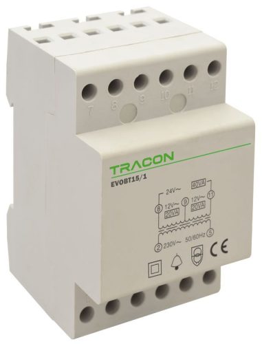 TRACON EVOBT15/1 - Biztonsági (csengő) transzformátor 230V/4-8-12V AC, Psmax.:15VA, Is:1,15A