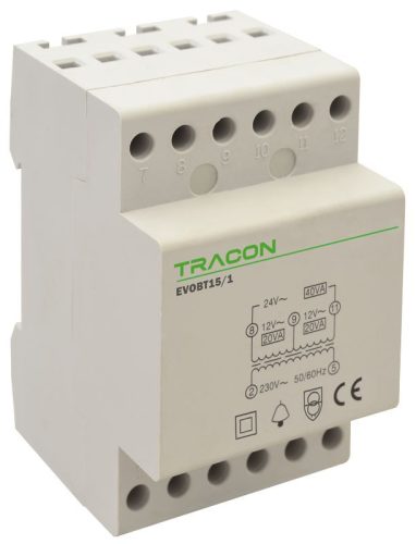 TRACON EVOBT15/1 - Biztonsági (csengő) transzformátor 230V/4-8-12V AC, Psmax.:15VA, Is:1,25A