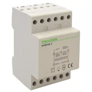   TRACON EVOBT30/1 - Biztonsági (csengő) transzformátor 230V/12-12-24V AC, Psmax.:30VA, Is:1,25A