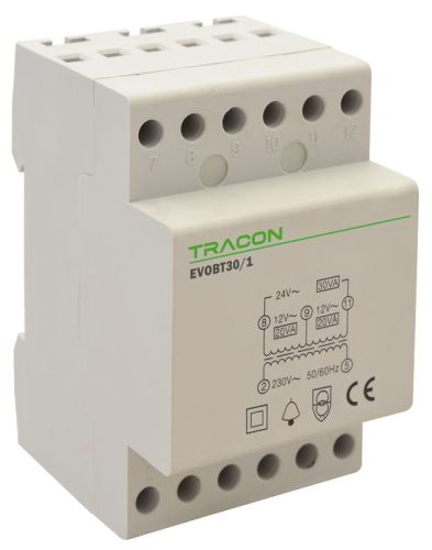 TRACON EVOBT30/1 - Biztonsági (csengő) transzformátor 230V/12-12-24V AC, Psmax.:30VA, Is:1,55A