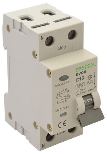 TRACON EVOK2B2003 - Kombinált védőkapcsoló, 2P, 2modul, B karakterisztika 20A, 30 mA, 4,5kA, AC
