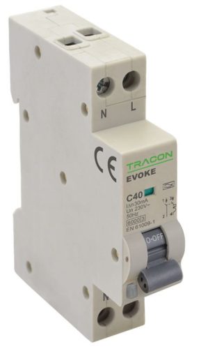 TRACON EVOKEAC4003 - Kombinált védőkapcsoló, elektronikus, 2P, 1 modul, C kar. C40, 30mA, 6kA, A