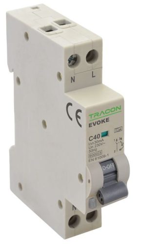 TRACON EVOKEC2003 - Kombinált védőkapcsoló, elektronikus, 2P, 1 modul, C kar. C20, 30mA, 6kA, AC,