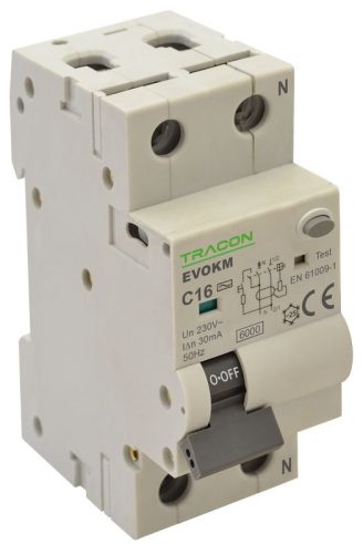 TRACON EVOKMA2C401 - Kombinált védőkapcsoló, 2P, 2modul, C karakterisztika C40A, 100 mA, 10kA, A
