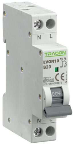 TRACON EVON10B20 - Kismegszakító, 1+N pólus, B karakterisztika 20A, B, 1P+N, 10kA