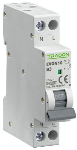 TRACON EVON10B3 - Kismegszakító, 1+N pólus, B karakterisztika 3A, B, 1P+N, 10kA