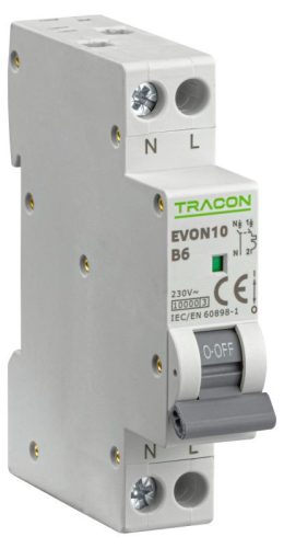 TRACON EVON10B6 - Kismegszakító, 1+N pólus, B karakterisztika 6A, B, 1P+N, 10kA