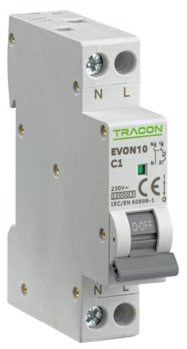 TRACON EVON10C1 - Kismegszakító, 1+N pólus, C karakterisztika 1A, C, 1P+N, 10kA