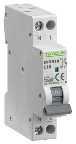 TRACON EVON10C10 - Kismegszakító, 1+N pólus, C karakterisztika 10A, C, 1P+N, 10kA
