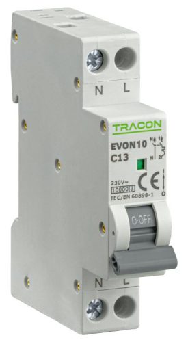 TRACON EVON10C13 - Kismegszakító, 1+N pólus, C karakterisztika 13A, C, 1P+N, 10kA