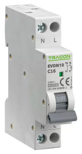 TRACON EVON10C16 - Kismegszakító, 1+N pólus, C karakterisztika 16A, C, 1P+N, 10kA