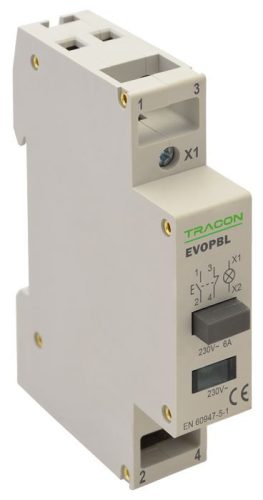 TRACON EVOPBL - Moduláris nyomógomb, jelzőfénnyel 230V, 50Hz, 1NO+1NC, LED, Ith:16A, AC-14, Ie:6A