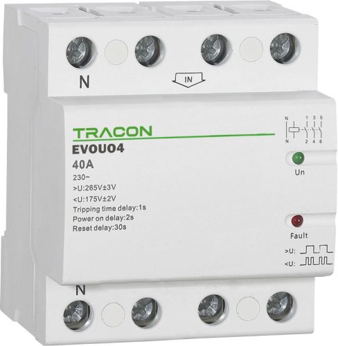 TRACON EVOUO4P63 - Aut. visszakapcsoló fesz. növekedési/csökkenési relé AC230V,4P,63AU>:265V,U<:175V, Uon:2s, Trip:1s, Res:30s