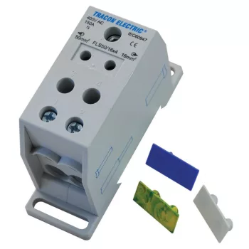   TRACON FLS50/16X4 - Fővezetéki leágazó sorkapocs, sínre szerelhető 1×50mm2 / 4×16mm2, 400VAC, 150A, MULTICOLOR