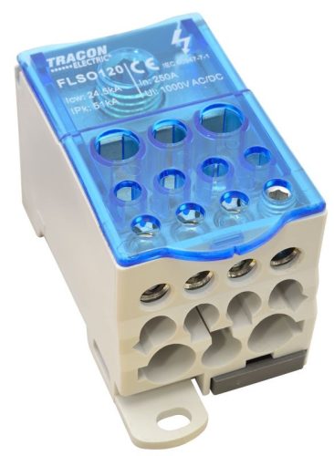 TRACON FLSO120 - Fővezetéki leágazó sorkapocs nyitható fedéllel 1×120(95)mm2/5×25(16),4×16(10),2×35(25)mm2, 1000VAC/DC, 250A