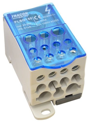 TRACON FLSO150 - Fővezetéki leágazó sorkapocs nyitható fedéllel 1×150(120)mm2/5×16(10),4×25(16),2×35(25)mm2, 1000VAC/DC,400A