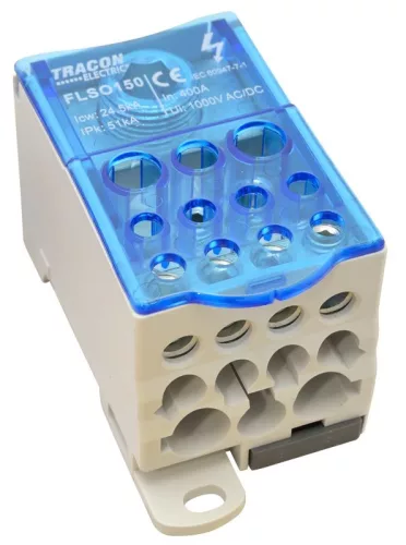TRACON FLSO150 - Fővezetéki leágazó sorkapocs nyitható fedéllel 1×150(120)mm2/5×16(10),4×25(16),2×35(25)mm2, 1000VAC/DC,400A