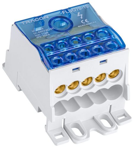 TRACON FLSO70-10 - Fővezetéki leágazó sorkapocs nyitható fedéllel 1×70(50)mm2 / 10×16mm2, 690VAC/DC, 175A