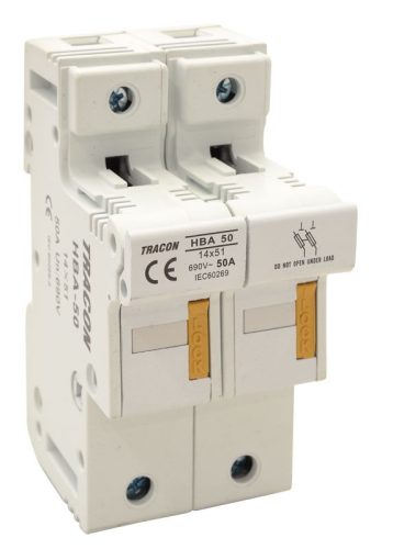 TRACON HBA-2P-50 - Szakaszolókapcsoló-biztosítóhengeres bizt.hoz, maszkolható 50A, 14x51mm; Un=230V/400V