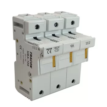  TRACON HBA-3P-100 - Szakaszolókapcsoló-biztosítóhengeres bizt.hoz, maszkolható 100A, 22x58mm; Un=230V/400V