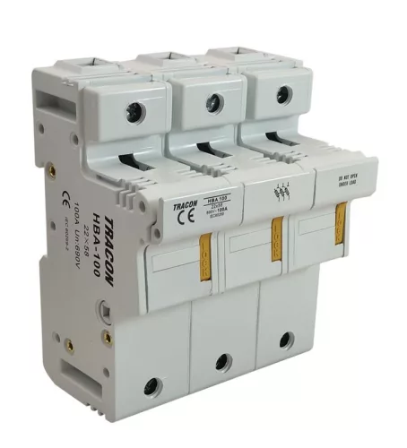 TRACON HBA-3P-100 - Szakaszolókapcsoló-biztosítóhengeres bizt.hoz, maszkolható 100A, 22x58mm; Un=230V/400V