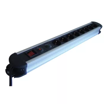   TRACON HKTM8-3M-ALU - ALU 8-os elosztó kapcsolóval+túlfesz+túláram védelem 8×SCHUKO, 3m, max.16A, 250VAC, 3680W, H05VV-F