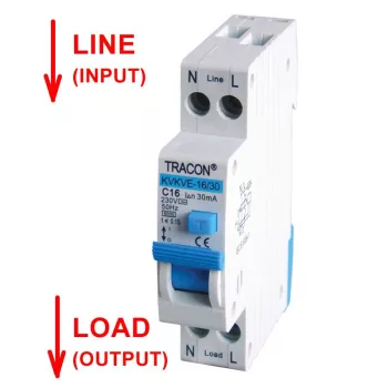   TRACON KVKVE-16/30 - Kombinált védőkapcsoló, elektronikus, 2P, 1 modul, C kar. C16, 30mA, 6kA, AC, E3
