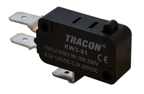 TRACON KW3-01 - Helyzetkapcsoló, mikro, ütközős 1×CO 10A/230VAC, 0,3A/250VDC, 6,3x0,8 mm, IP00
