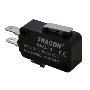   TRACON KW3-15 - Helyzetkapcsoló, mikro, rugószáras 1×CO 10A/230VAC, 0,3A/250VDC, 15mm, 4,8x0,5 mm, IP00